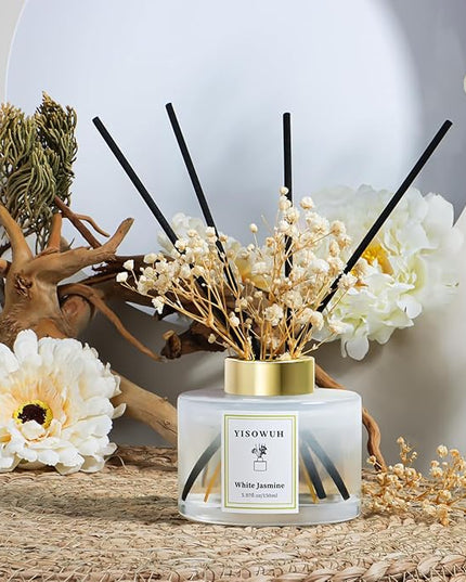 YISOWUH Reed Diffuser Set,5.07 fl oz (150 ml) - White Jasmine Oil Diffusers with 8 Reed Sticks,Home Fragrance Reed Diffuser for Bathroom Shelf Decor