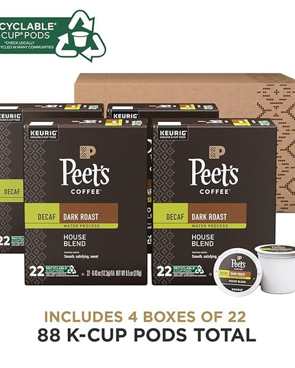 Peet's Coffee Dark Roast K-Cup Pods | Decaffeinated | House Blend | 88 Count | 4 Boxes
