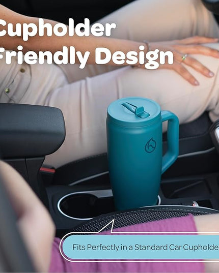 Hydracy Soulmate Insulated Tumblers with Handle and Stainless Steel Straw - 100% Leakproof Reusable Insulated Cup - Cupholder Friendly Rubber Base Travel Mug - Twilight Teal