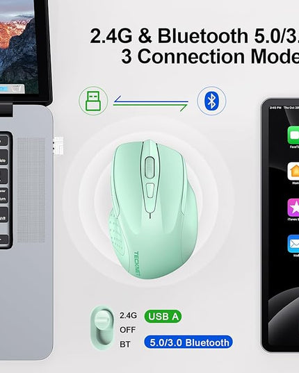 TECKNET Wireless Mouse (BT5.0/3.0 & 2.4G) Rechargeable 4800 DPI Silent USB A & Bluetooth Mouse 6 Buttons, Wide Compatibility - Green