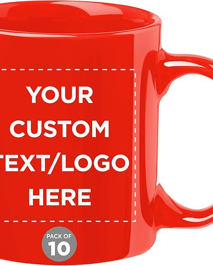 Custom Ceramic Coffee Mugs 11 oz. Set of 10, Personalized Bulk Pack - Coffee cup set, Iced coffee cup, Gaming mug - Red