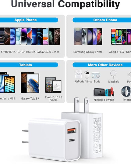 USB C Wall Charger Block 20W, 3-Pack Dual Port PD Power Delivery Fast Type C Charging Block Plug Adapter for iPhone 12/13/14/15/16/17/Pro Max, XS/XR/X, iPad Pro, AirPods Pro, Samsung Galaxy(White)