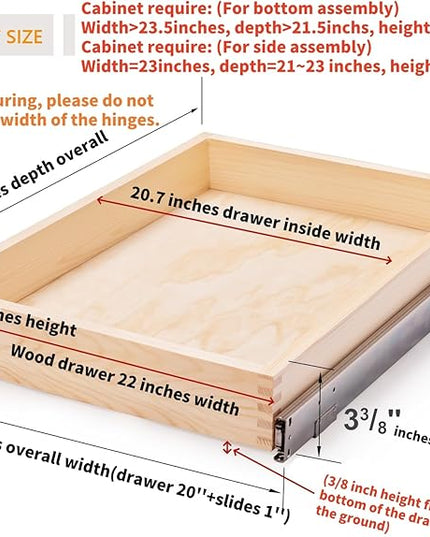 Mulush 23”W x 21”D x 3”H Soft Close Slide Out Wood Drawer Organizer for Kitchen, Bottom and Side Assembly (Cabinet Opening>23.5 inches for Bottom Assembly, Opening= 23 inches for Side Assembly)