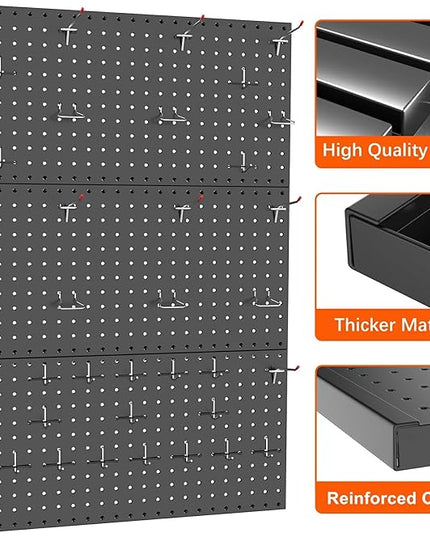 TORACK 3 PCS Metal Pegboard Panels for Wall Garage Utility Tools Storage Pegboard for Workbench, Shop, Modular Peg Board Tool Organizer Boards(Pack of 3, Black)