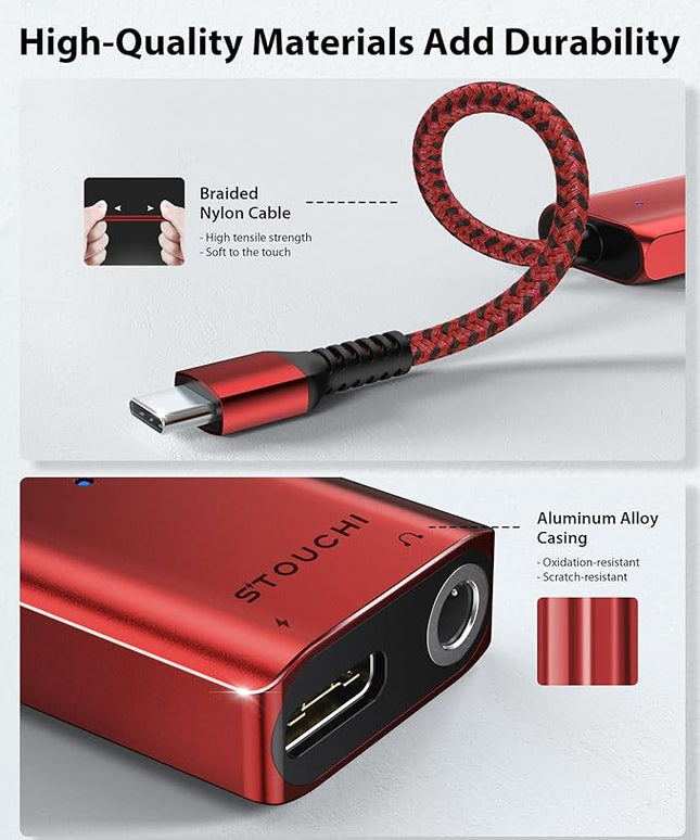 Stouchi USB C to 3.5mm Headphone and Charger Adapter, 2 in 1 USB-C to Aux Audio Jack with 30W Safe Fast Charging Hi-res DAC Compatible with iPhone 17 16 15, Galaxy S25/S24/S23/S22/S21, Pixel 6/5 (Red)