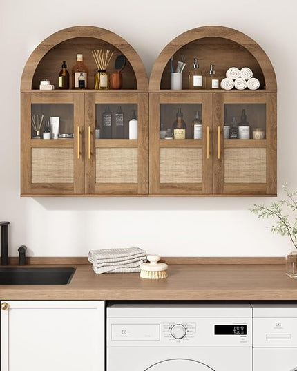 RUSTOWN Arched Bathroom Wall Cabinet, Rattan Medicine Cabinet with 2 Glass Doors, Farmhouse Over The Toilet Storage Cabinets with Adjustable Shelves, 3-Tier Wall Mounted Cabinets