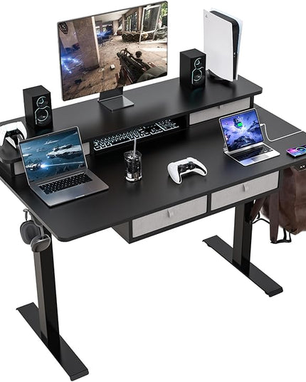 48 * 30 Inches Electric Standing Widened Desk Adjustable Height with 4 Drawers, Double Storage Shelves, Home Office Workstation Sit Stand up Desk (Classical Black)