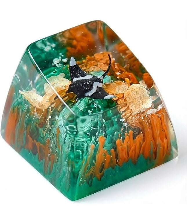 Manta Ray Artisan Keycap Orange Green Ocean Coral R1 SA Profile Custom Sea Creatures Keycaps 1U ESC Handmade Gaming Resin Key Cap Cherry MX Switch Compatible Mechanical Keyboard Manta Ray Lover Gift