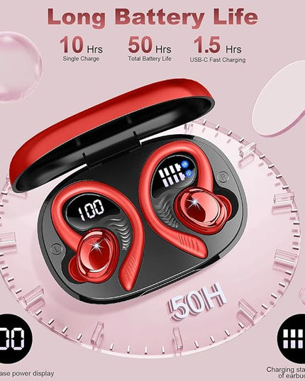 Wireless Earbuds Sport, New Bluetooth 5.4 Headphones with Earhooks, 50H Stereo Deep Bass Over Ear Buds with 4 ENC Noise Canceling Mics, IP7 Waterproof Earphones for Running Workout Gym -Red