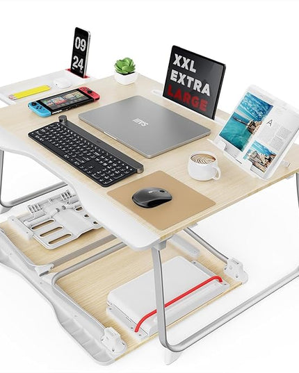 SAIJI Folding Bed Desk for Laptop, Eating Breakfast, Writing, Gaming, Extra Large 25.6" x 19.3" Portable Floor Stand Laptop Desk Table for Adult,Kids, Wood Bed Tray Table Lap Desk