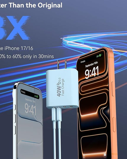 USB C Wall Fast Charger Block, 40W 4-Port Type C Chargers Fast Charging Blocks PD Power Charger Adapter+QC 3.0 USB Multiport Charger Brick for Phone 17/16/15/14/13/12 Pro Max, i-Pad, Galaxy S25-2Pack