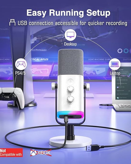 FIFINE XLR/USB Gaming Microphone for Streaming Podcasting, PC Computer RGB Mic, with Gain Knob, Mute Button, Monitoring Jack, Gamer Mic for Recording Video Creation-AmpliGame AM8 White