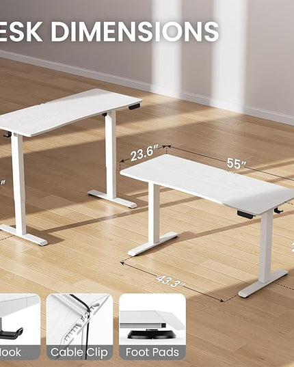 Veken 55 x 23.6 Inch Electric Standing Desk with Adjustable Height, Sit to Stand Computer Table for Study, Work or Gaming, Home Office Desk White