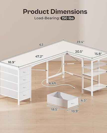 Huuger 63 Inch L Shaped Desk with Fabric Drawers, Reversible Computer Gaming Desk with Power Outlets and USB-C Port, Adjustable Side Storage Shelves, for Work Study Corner Home Office, White