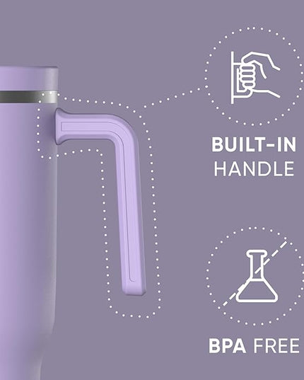 Hydrapeak Voyager 40 Oz Stainless Steel Tumbler with Handle, Insulated Water Bottle With Straw & Lid, Cupholder Friendly Reusable Travel Mug (Lavender)