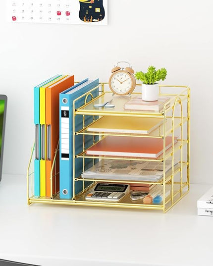 Marbrasse Desk Organizer with File Holder, 5-Tier Paper Letter Tray, Mesh Desk Organizers and Accessories with Magazine Holder, Desktop Organizer and Storage for Office Supplies (Gold)