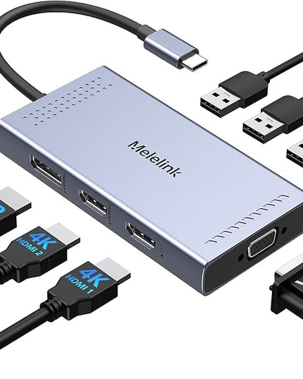 USB C Docking Station Dual HDMI Monitor Adapter, Melelink USB C Hub 3 Monitors Adapter with 2x HDMI 4K,Displayport,VGA,100W PD Charging,3 USB2.0, 8 in 1 Laptop Docking Station for Dell, HP, Lenovo,etc