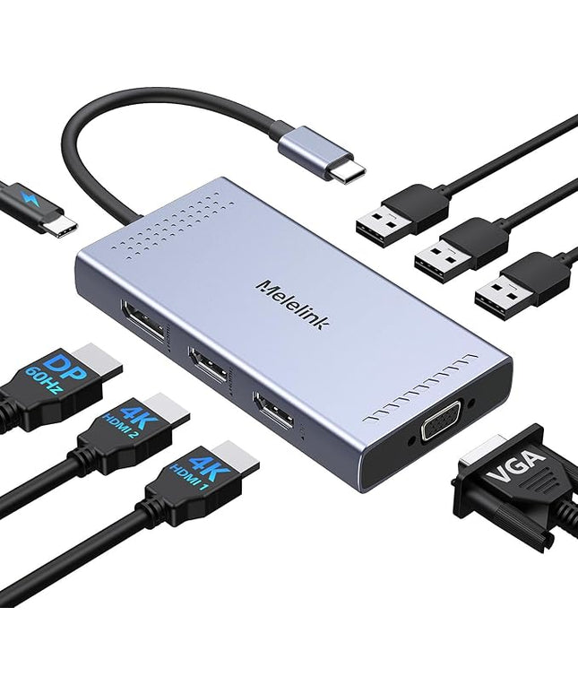 USB C Docking Station Dual HDMI Monitor Adapter, Melelink USB C Hub 3 Monitors Adapter with 2x HDMI 4K,Displayport,VGA,100W PD Charging,3 USB2.0, 8 in 1 Laptop Docking Station for Dell, HP, Lenovo,etc