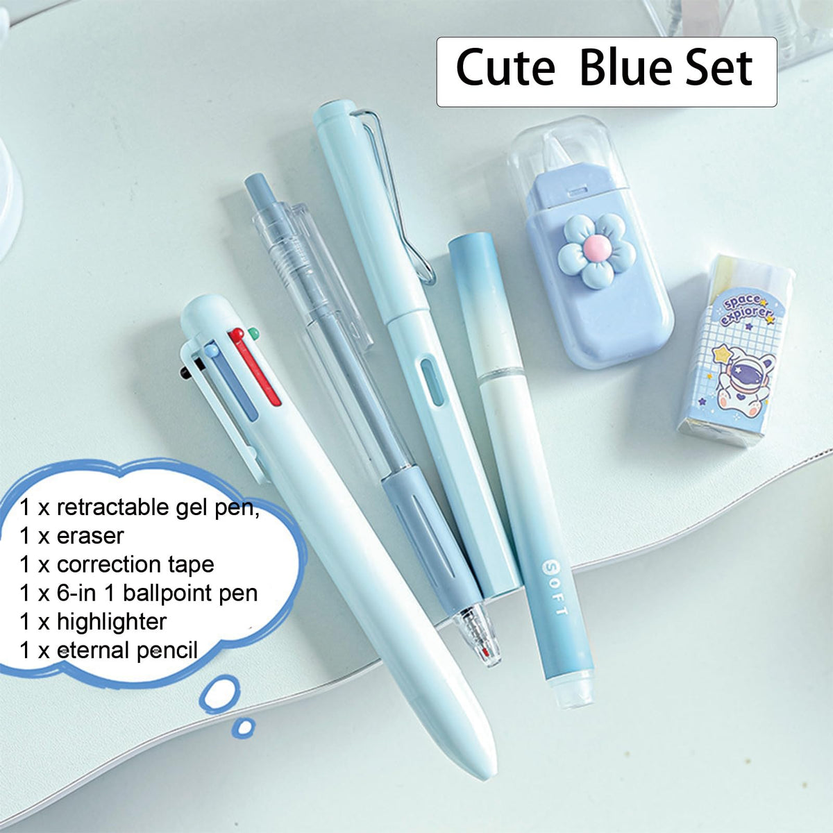 MOZXIRZ 6 Pcs Cute Pink Stationery Set Kawaii School Supplies Office Supplies Women Stationery Kit Including Ballpoint Pens Pencil Highlighter Correction Tape Ruler Eraser (Blue)