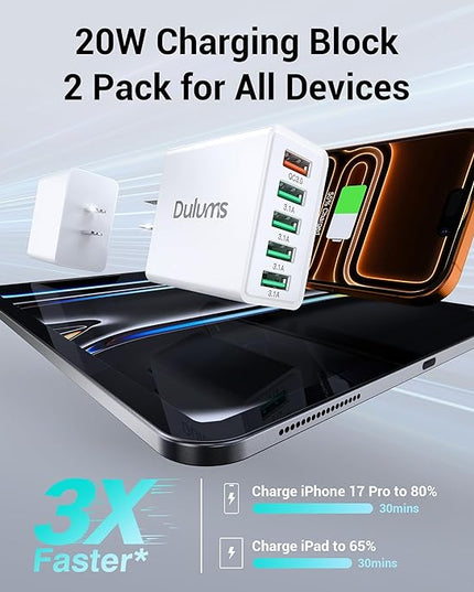 50W USB Wall Charger Block,2Pack 5-Port Charger Fast Charging Block QC 3.0 Multiport Box Brick Cube USB A Wall Plug for iPhone 17/16/15/14 Pro Max Plus, iPad,Galaxy, LG, Moto, Android Phones,AirPorts