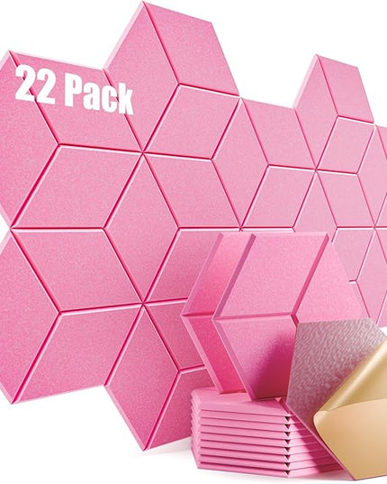 22 Pack Self-Adhesive Acoustic Panels 12" X 10" X 0.4" - Sound Proof Foam Panels with High Density, Y-Lined Design, Flame Resistant, Absorb Noise and Eliminate Echoes(Pink)