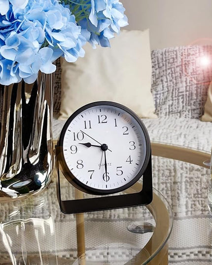 SCOAGE Small Luminous Desk Analog Alarm Clock Metal Bracket 360° Rotating Shelf Clock with Light Battery Powered Bedside Silent Cute Alarm Clock for Heavy Sleepers Elderly and Children Office Bathroom