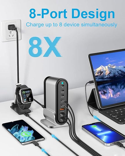 USB C Fast Charger : Fast Charging Station : 285W-8 Port Desktop Multiple Devices Power Adapter for Laptop MacBook Pro/Air, DELL, Tablet iPad Pro/Air, iPhone 16/15/14, Galaxy S23/22