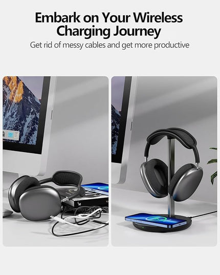 Miroddi Headphone Stand with Wireless Charger, Independent USB Charging Port, 5 in 1 Charging Station Headset Holder Rack for AirPods Max/Pro/4/3/2, iWatch, iPhone, Samsung and Desk Headphones, Black