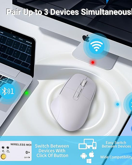 Ergonomic Mouse Jiggler,Bluetooth Vertical Wireless Mouse,LED Rechargeable Optical Computer Mice, Portable(BT5.2 or USB 2.4GHz) Dual Mode,1000/1600/2400 DPI,8 Buttons for Laptop,PC,Macbook (white)