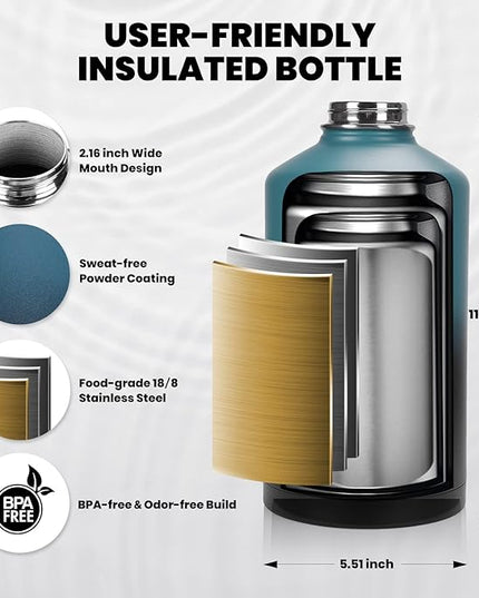 One Gallon Water Bottle Insulated, Triple Walled Vacuum Stainless Steel (Cold for 48 Hrs), Leak Proof & Non-BPA, Large Water Flask Jug with Paracord Handle & Straw Spout Lids