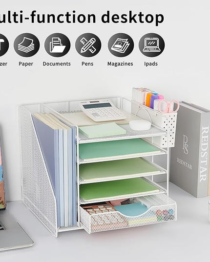 OUTIOE Desk Organizer with Drawer and Pen Holder, 5-Tier Paper Letter Tray Organizer with File Holder, Suitable for Workspace Organizer Office Supplies Storage (White)