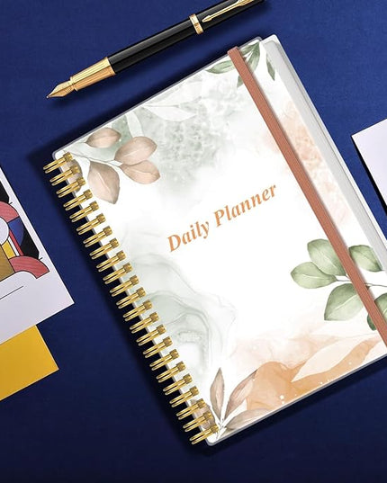 Daily Planner Undated - B5 To Do List Notebook Hourly Schedules, Spiral Appointment Planner for Women and Men, PVC Hardcover, Inner Pocket, Elastic Closure, 7" x 10", Rose Leaf