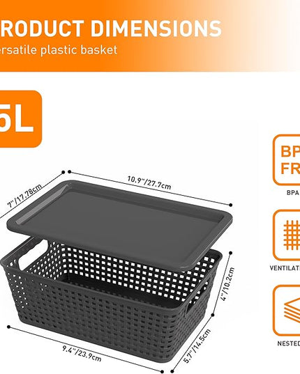 Plastic Storage Baskets With Lid, Storage Bins for Organizing, Stackable Decorative Containers for Shelves Drawers Desktop Closet Playroom Classroom Office,10 Pack-Grey