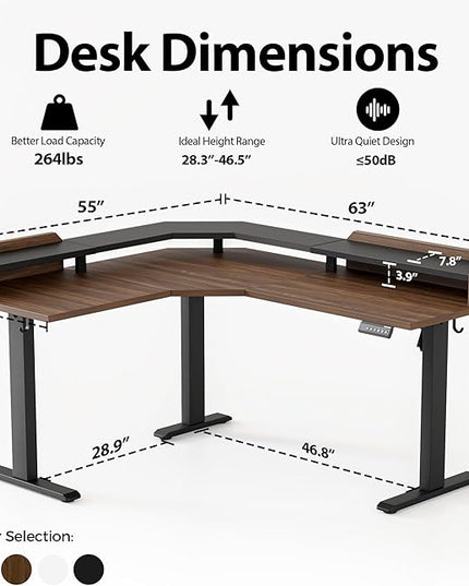 Agilestic L Shaped Standing Desk, Adjustable Height Corner Gaming Desk with Shelf, Sit Stand Up Desk, 63 x 55 Inch Home Office Computer Table, Dark Walnut
