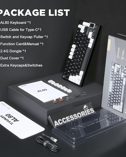 YUNZII AL80 Wireless Mechanical Keyboard,Full Aluminum CNC, Smart LCD Display,Hot Swappable Gasket Mount 75% Layout with Knob,BT/2.4G/USB-C,QMK/VIA Support for Win/Mac (Black, Gateron Zero Switch)