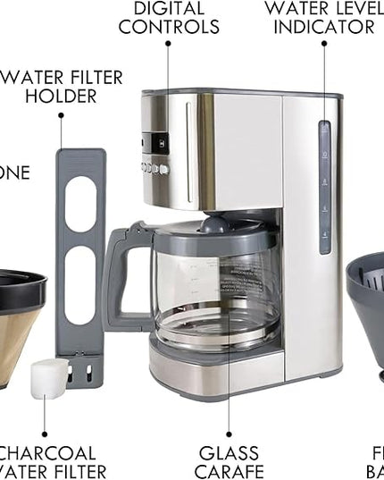 Kenmore Drip Coffee Maker - 12 Cup Programmable Cafe Machine With Glass Pot, Regular & Bold Brew, Auto Shut Off Large Water Reservoir, Reusable Filter, Kitchen Appliances For Cafeteria Barista