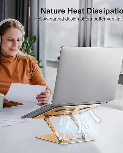 Adjustable Laptop Stand for Desk,Portable Laptop Stand Holder and Riser,Foldable Aluminum Notebook Computer Stands for MacBook Air Pro HP Lenovo Dell Samsung Chromebook, 10-15.6 inch, Gold