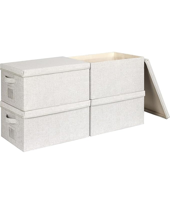 Large 17''x12'' Quart Collapsible Stackable Storage Bins with Lids, 4 Packs Off White Fabric Closet Boxes with Lids, Storage Cube Baskets Container Organizers for Bedroom Office(17''x12.2x''8'')