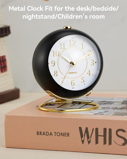 rjuwurv Metal Desk Alarm Clock, Retro Bedroom Table Vintage Analog Silent Non-Ticking Gold Alarm Clock, Bedside Decor(Black)