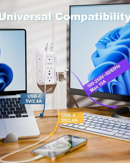 Outlet Extender Wall Charger with Multi Plug Adapter 9 AC Outlets 4 USB Charging Ports 1875W 1050J Surge Protector Power Strip Spaced Splitter for Home, Travel, Dorm Room Essentials