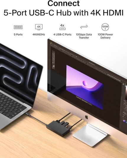 Belkin USB C Hub, 5-Port Hub w/ 4K HDMI Display @ 60Hz, 100W Power Delivery, Fast Data Transfer 10Gbps, USB C Multiport Adapter - Compatible with MacBook, iPad Pro, Chromebook, & More