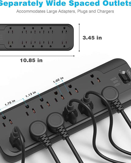 VINTAR Power Strip Surge Protector (2 × 4800 Joules) with 12 AC Outlets,1875W Output, 6ft Long Extension Cord Flat Plug with Dual Surge Protection for Office, Home, ETL Listed, Black