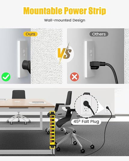 Heavy Duty Power Strip with Individual Switches,8 Outlets 14 Gauge Industrial Shop Garage Metal Multiple Outlets,1200J Surge Protector Mountable Power Strip,10FT Extension Cord Management(Yellow)