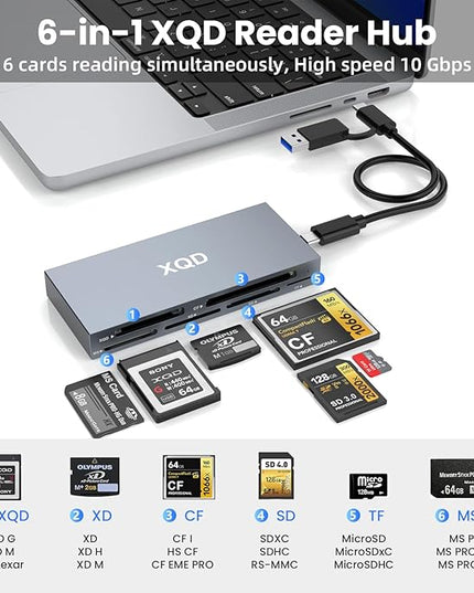 10Gbps XQD Card Reader 8 in 1 Multi-Card Reader USB C for Sony G/M Series, Lexar 2933x/1400x USB Mark XQD Card/CF/XD/MS/TF/SD Memory Card Reader/Writer/Hub USB 3.2 for Windows/Linux/Mac OS/Android