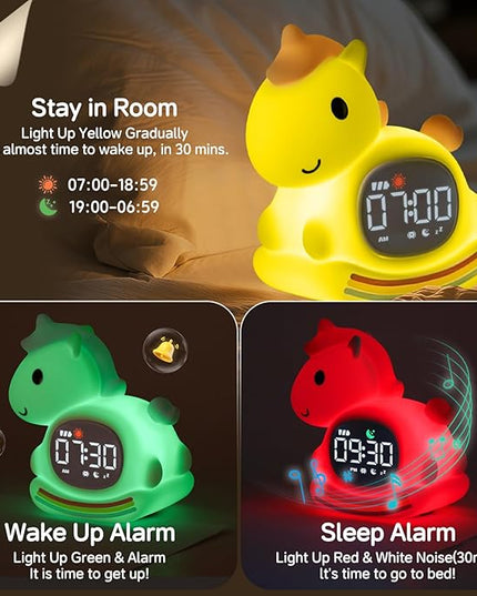Cute Alarm Clock for Kids with Night Light, Sleep Training Clock Time to Wake Clock, Rechargeable Silicone Light for Bedroom, Perfect Sleep Companion for Boys Girls, Pink Pony