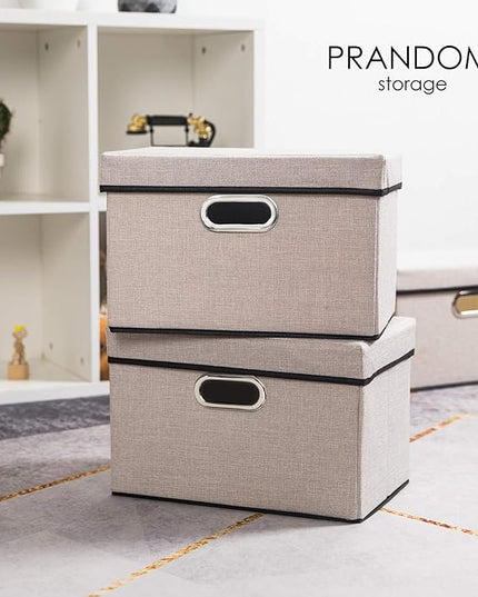 PRANDOM Foldable Storage Bin with Lid [1-Pack] Linen Fabric Decorative Storage Box Organizer Container Basket Cube with Handles Divider for Closet Office Living Room Light Grey(14.9x9.8x9.8)