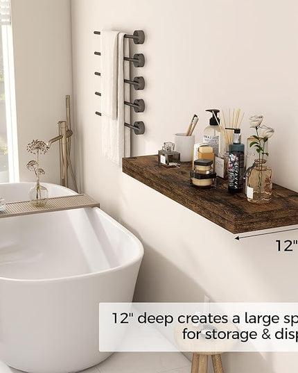 30 Inch Floating Shelves, 12 Inch Deep Floating Shelf for Wall, Rustic Deep Shelves for Books, Bathroom, Living Room, Kitchen, 30 x 12 x 2 Wood Floating Shelves, Rustic Brown Color, Set of 2