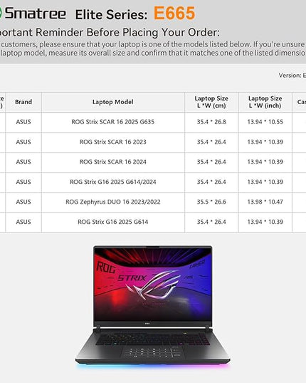Smatree Laptop Sleeve for 16 inch ASUS ROG Strix Scar 16 2025/2024/2023, for 16 inch ROG Strix G16 2025/2024, for ASUS ROG Duo 16 2023/2022, Case with Pocket, Patented Shockproof Design (E665)