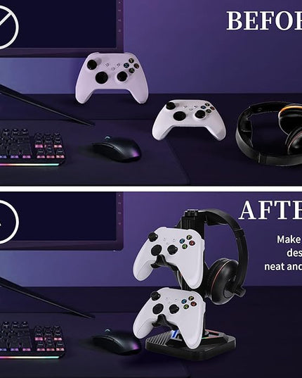 RGB Gaming Headphone Stand, Controller Holder & Headset Holder for Desk, Headphone and Controller Stand with 3 USB Ports, Suitable for PC Earphone Accessories, Gift for Men Boyfriend