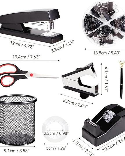 Black Desk Accessories, Office Supplies Set with Stapler, Tape Dispenser, Staple Remover, Pen Holder, Scissor, Binder/Paper Clips, Ballpoint Pen, Clear Tape and 1000pcs Staples